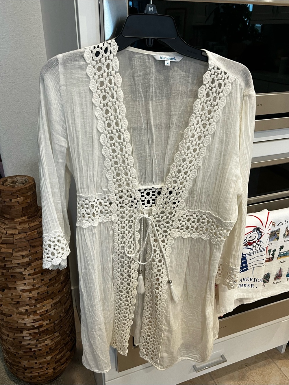blue island White Crochet-Trim Tie-Front Lightweight coverup